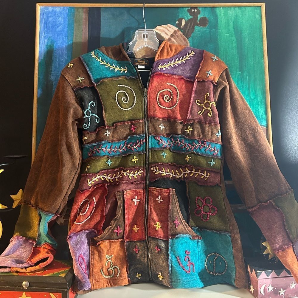 Vintage Y2K Rising International Grunge Boho Embroidered Hoodie Jacket Small
